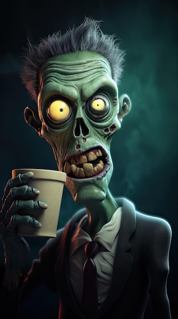 un zombie espeluznante sosteniendo un vaso de espresso