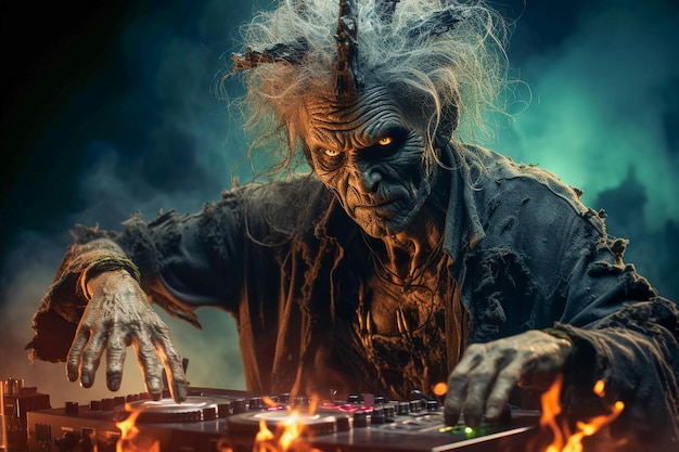 Foto zombie grooves halloween-party mit undead dj spinning generative ai