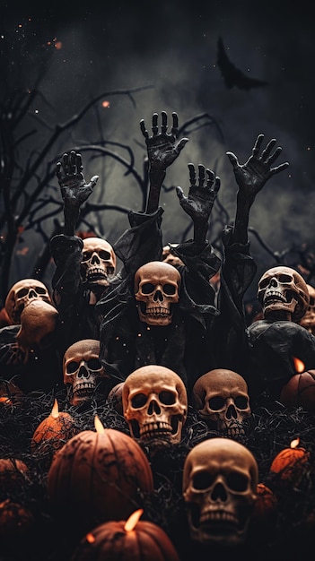 Zombie-Hände, die sich in der dunklen Halloween-Nacht erheben