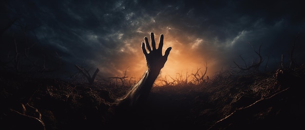 Zombie-Hand, die aus einem Friedhof in einer gruseligen Nacht aufsteigt Halloween-Konzept