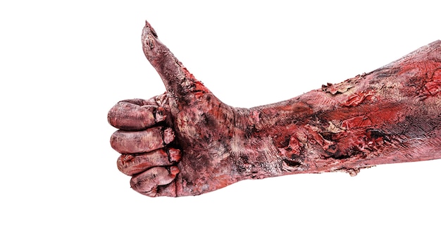 Zombie-Hand, die eine Geste der Zustimmung oder Zustimmung macht Halloween-Hand, isolierte weiße Oberfläche.