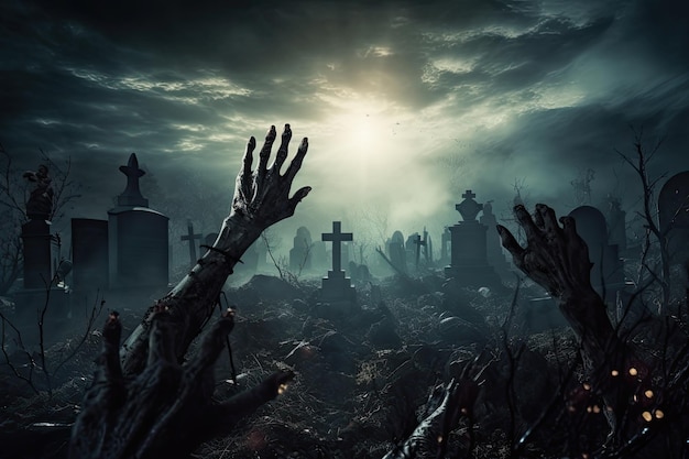 Zombie-Hand erhebt sich aus einem Friedhof im gruseligen Nacht-Halloween-Hintergrund