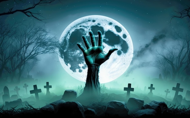 Foto zombie-hand kriecht nachts vor dem hintergrund des mondes auf dem friedhof aus dem boden