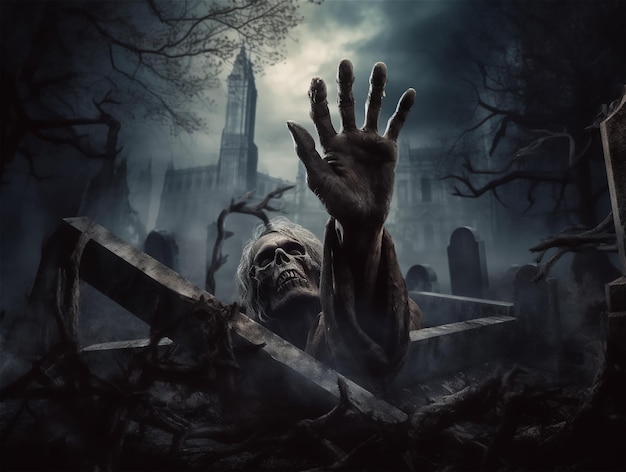 Zombie Hand steigt in einer dunklen Nacht aus dem Grab gruselige Halloween-Illustration