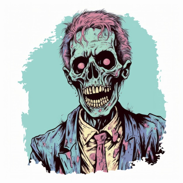 Zombie-Kopf mit Krawatte Crisp Neopop-Illustration in Blau und Rosa