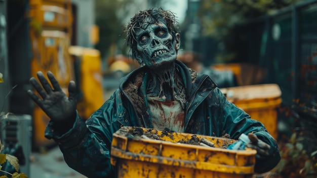 Foto zombie nimmt an einer umweltfreundlichen recyclingkampagne teil