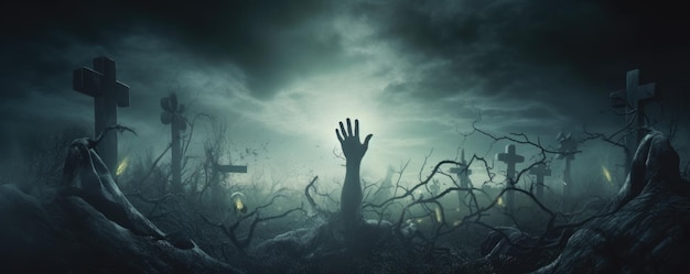 Zombie saliendo de un cementerio cementerio aterrador noche de halloween Generativo ai