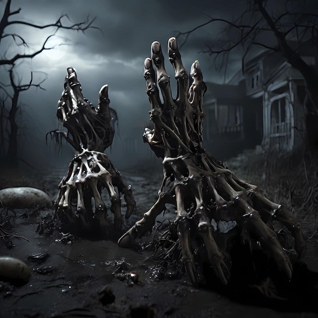Zombie-Skelett-Hand steigt in der dunklen Halloween-Nacht auf