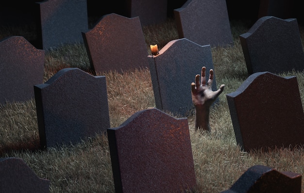 Zombiehand, die auf einem Friedhof voller Grabsteine aus dem Boden kommt. 3D-Rendering