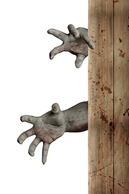 Zombiehand mit Blut und Wunde auf Holzwand mit weißem Hintergrund