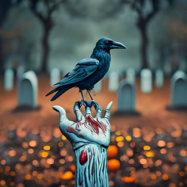 Zombiehand und gruseliger Rabe auf dem Halloween-Friedhof