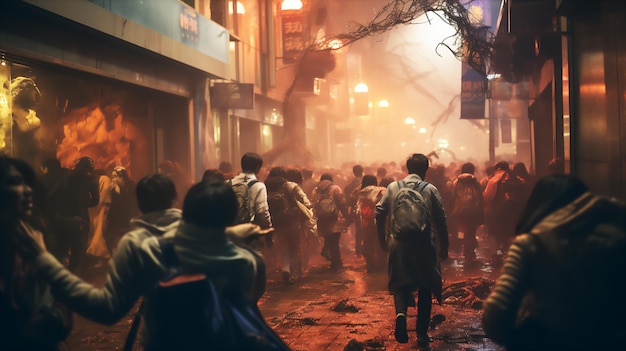 Zombies atacando una ciudad por la noche luces rojas ilustración digital