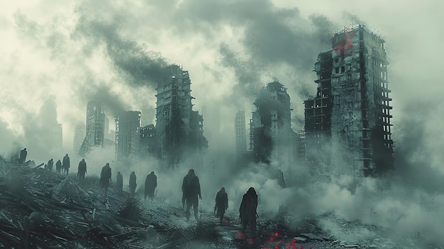 Zombies post-apocalipsis caminando edificios destruidos fondo blanco