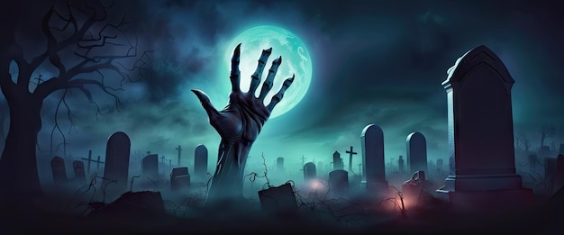 Zombies realistas que se levantan en una bandera oscura una mano se extiende desde un cementerio por la noche con una luna llena