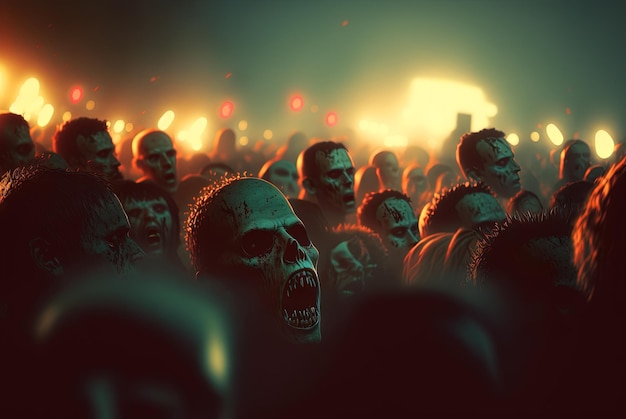 Zombis con caras de miedo en la multitud durante el apocalipsis zombie Tema de terror para Halloween o anuncio de fiesta de juegos IA generada