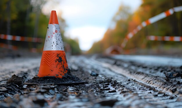 Zona de construcción con cono de tráfico y cinta de advertencia