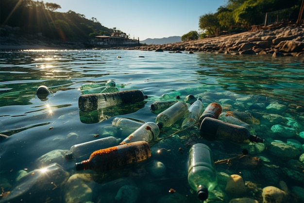 Zona costera sembrada de botellas de plástico y residuos que representan las consecuencias de la contaminación de las playas