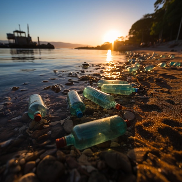 Foto zona costera sembrada de botellas de plástico y residuos que retratan las consecuencias de la contaminación de las playas para s