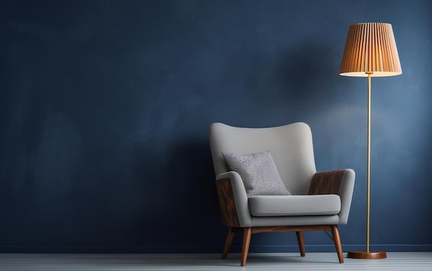 Zona de Conforto Azul Cadeira elegante e lâmpada na sala de estar IA generativa