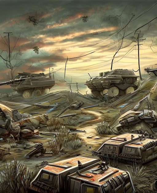 Zona de guerra com tanques e ilustração generativa de arame farpado ai