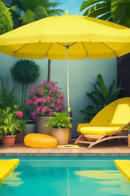 Zona de lounge brilhante com cama de sol e guarda-chuva amarelo colocada perto da piscina por Generative AI