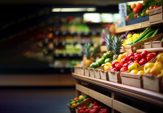 Zona de supermercado com vários vegetais e frutas orgânicas frescas na prateleira ou mercado de produtores de vitrine