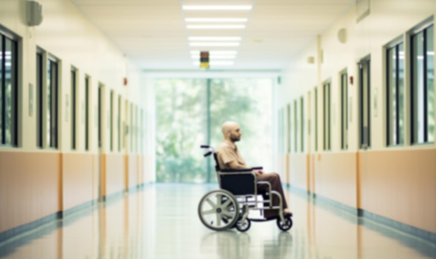 Zona de espera borrosa para el paciente en el hospital Desfocalizada de personas enfermas en el pasillo y la silla