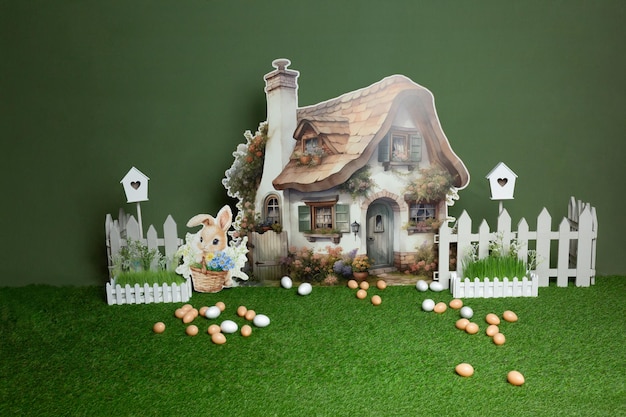 Zona de fotos de Pascua con un conejo una casa y huevos