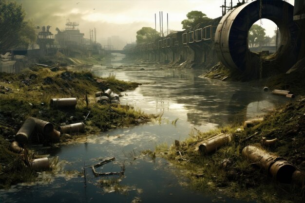 Zona industrial abandonada con un río en el fondo contaminación del medio ambiente