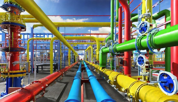 Zona industrial Tubulações, válvulas e cabos de aço em refinarias de petróleo e instalações petroquímicas