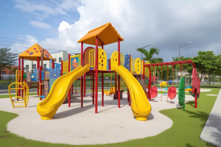 Zona de juegos con columpios, toboganes y juegos infantiles para que jueguen los niños
