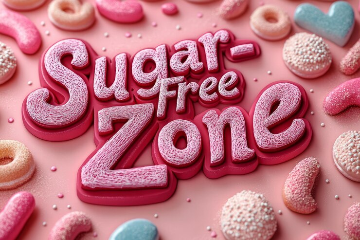 Foto zona libre de azúcar en una fuente lúdica y divertida con detalles caprichosos aislados en un fondo de melocotón pastel