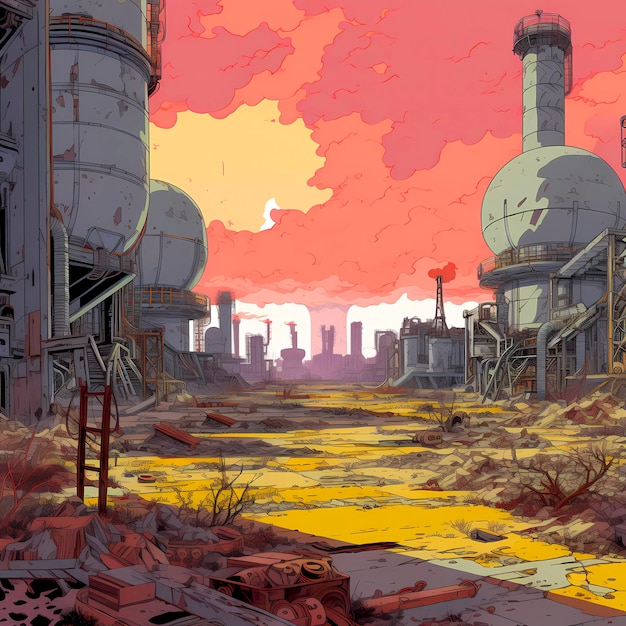 Zona nuclear en el estilo de los cómics paisaje atómico vista apocalíptica IA generativa