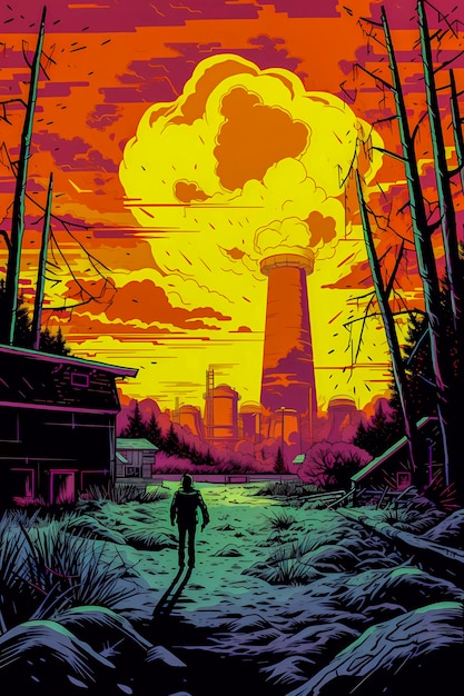 Zona nuclear en el estilo de los cómics paisaje atómico vista apocalíptica IA generativa