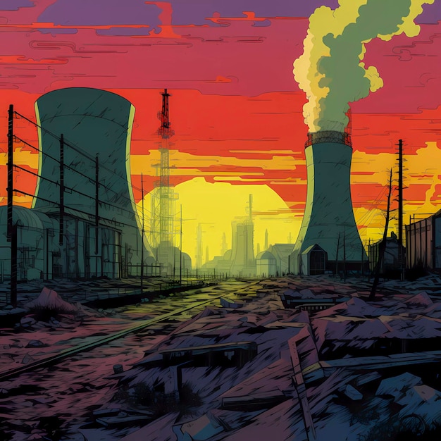 Zona nuclear en el estilo de los cómics paisaje atómico vista apocalíptica IA generativa