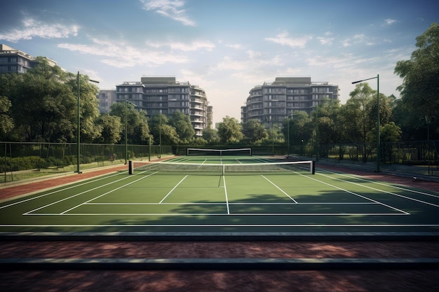 Zona residencial moderna con cancha de tenis al aire libre