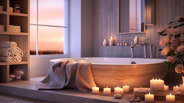 Zona de spa en el baño un baño con elementos de spa velas aromaterapia y toallas suaves