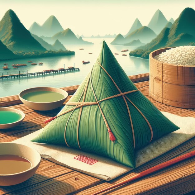 Foto zongzi ilustração minimalista enorme zongzi verde em mesa de madeira rústica