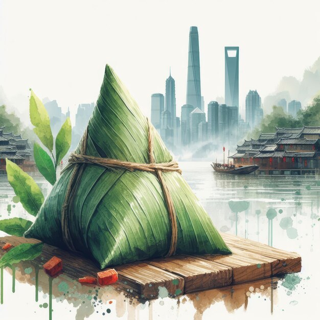 Foto zongzi minimalistische illustration riesiger grüner zongzi auf einem rustikalen holztisch