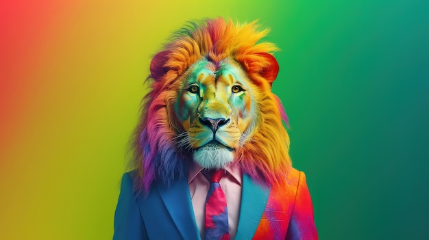 Zoo-Löwentierprofis in stilvoller Geschäftskleidung vor einem lebendigen Regenbogenhintergrund