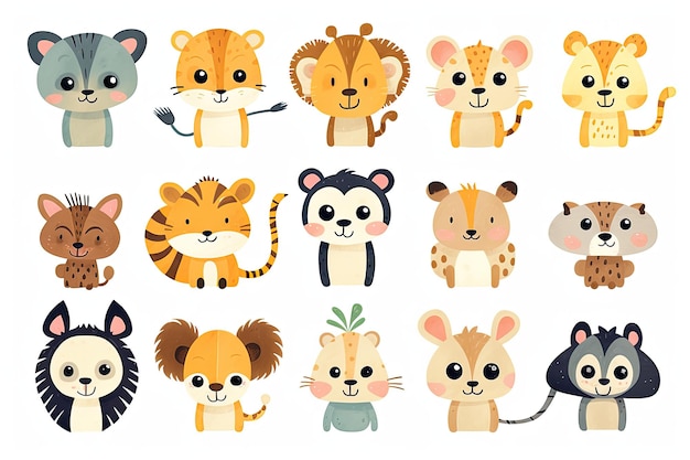 Zoo-Sammlung Satz niedlicher Tier-Cartoon-Designs mit generativer KI