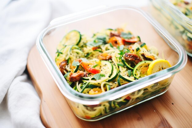 Zoodles en un recipiente de vidrio para preparar comidas