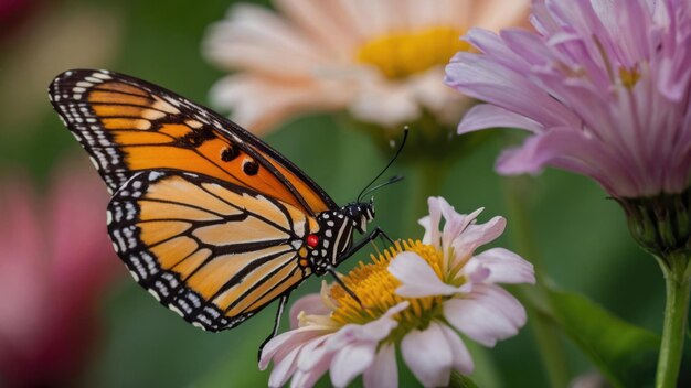 Zoom de las alas de una mariposa mientras aterriza en una flor vibrante