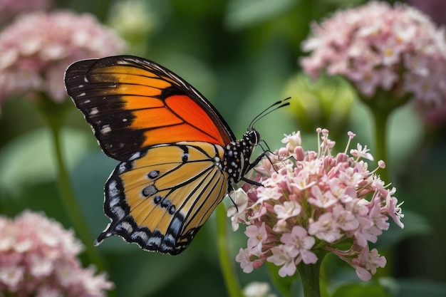 Zoom de las alas de una mariposa mientras aterriza en una flor vibrante