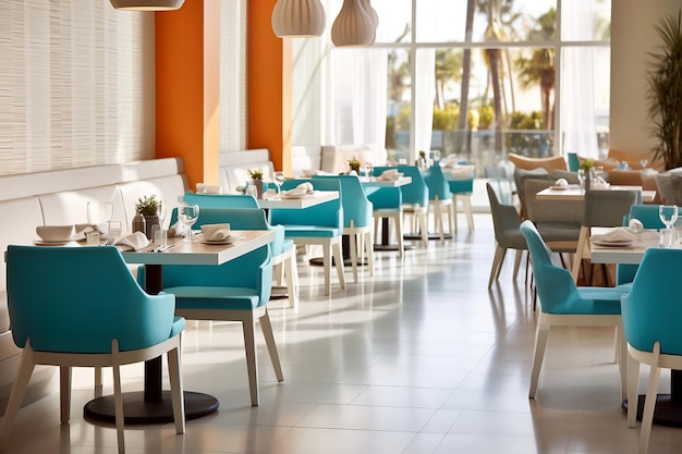 Zoom completo de un restaurante con mesas y sillas Generative Ai