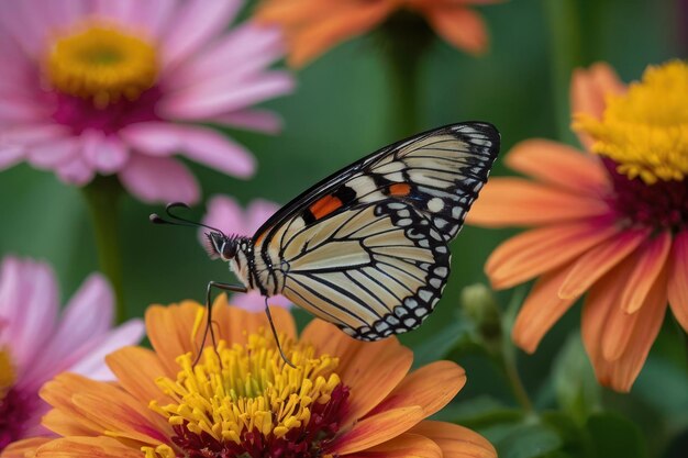 Zoom das asas de uma borboleta enquanto aterra em uma flor vibrante