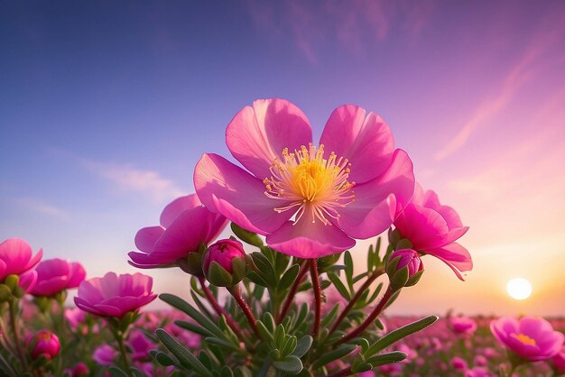 zoom de perto da flor rosa florida Portulaca com o céu ao pôr-do-sol