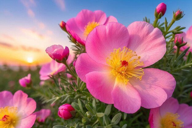 Foto zoom de perto da flor rosa florida portulaca com o céu ao pôr-do-sol