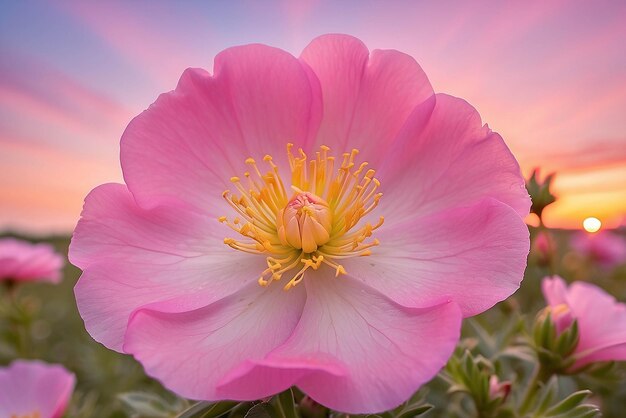 Foto zoom de perto da flor rosa florida portulaca com o céu ao pôr-do-sol