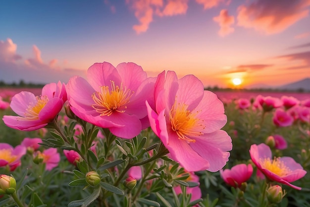 Foto zoom de perto da flor rosa florida portulaca com o céu ao pôr-do-sol